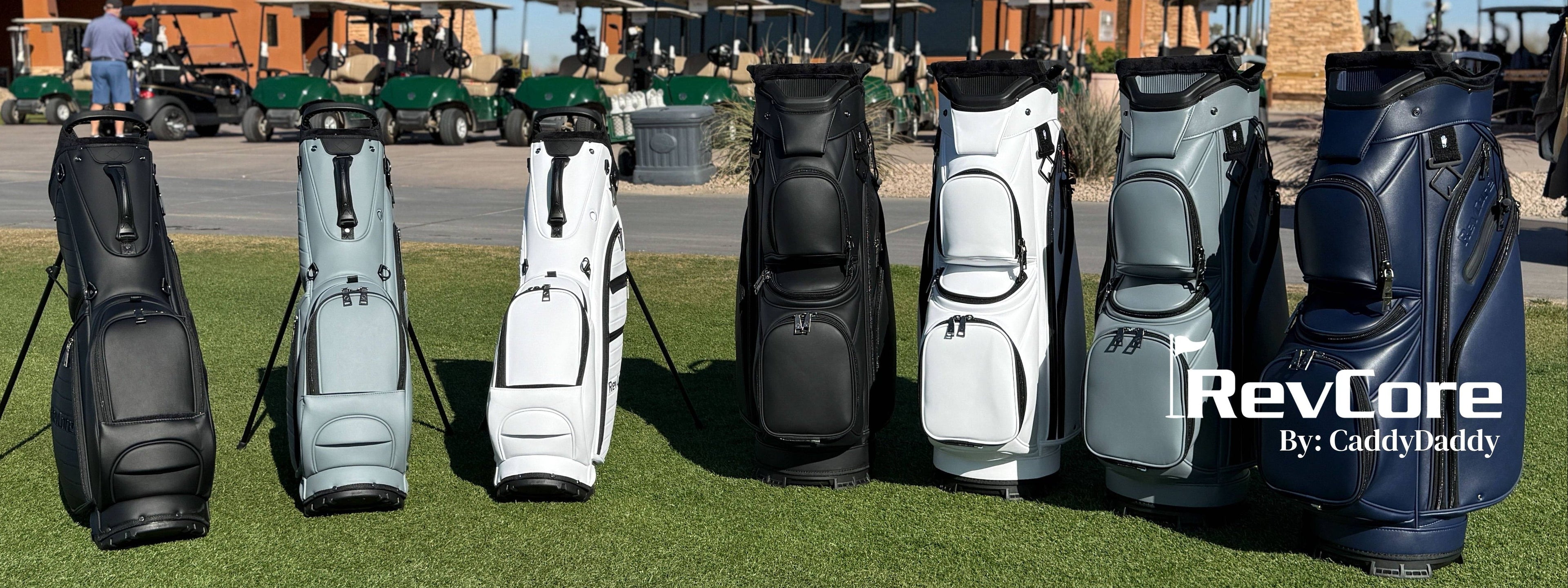 Lineup of CaddyDaddy RevCore golf bags displayed on the course at Lower Scores Golf – premium stand bags built for style, performance, and durability.